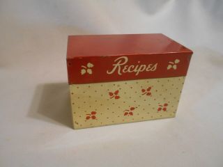 Vintage Tin / Metal Red & Cream Leaf Kitchen Recipe Box With Some Hand Recipes