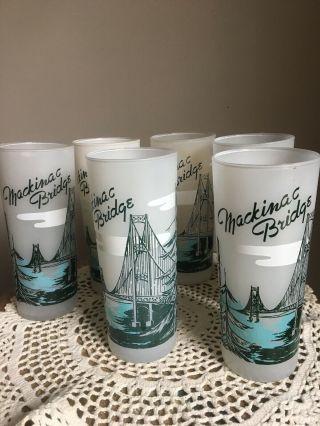 Vtg 6 Mackinaw Bridge Frosted Drinking Glasses Tumbler Michigan Souvenir