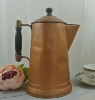 Vintage Copper And Brass Kettle With Wood Handle