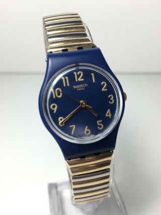 Vintage Swatch Swiss Retro Women’s Watch Blue Face Gold Tone Ss Band