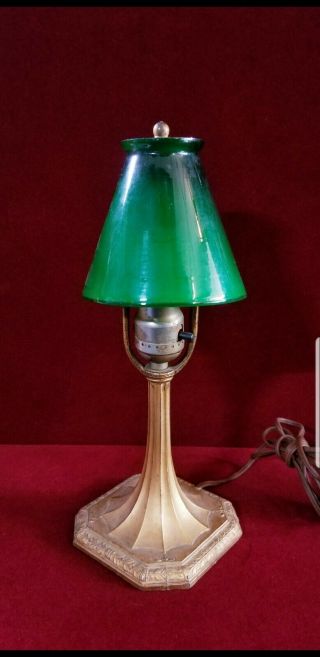 Antique Early 20th Century Bankers Student Table Lamp Green Cased Glass Shade