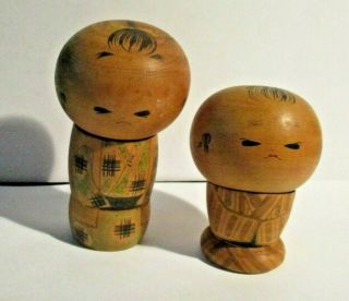 2 Vintage Kokeshi Japanese Wood Dolls Hand Painted 1 Signed