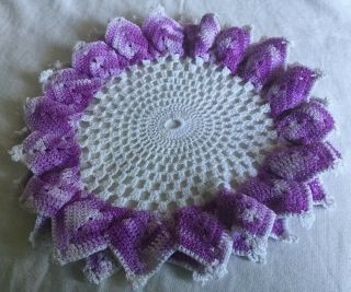 9” Vintage Hand - Crocheted Doily White W/ Purple & Violet Border