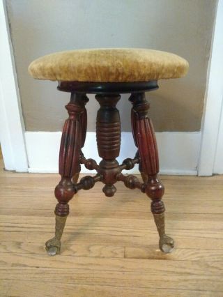 Antique Victorian Upholstered Stationary Piano Stool With Claw & Glass Ball Feet