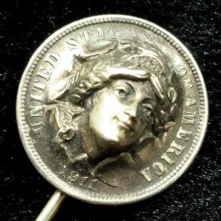 Antique 1911 Silver Us Barber Dime Pop Out Repousse 3 - D Coin Stick Pin