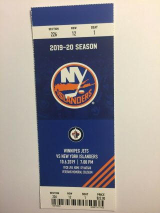 York Islanders Vs Winnipeg Jets October 6,  2019 Ticket Stub