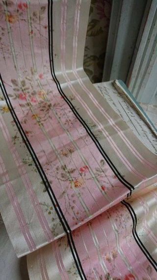 Delicieux Morceau Antique French Wide Silk Ribbon Pink Stripe Roses C1880
