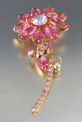 Vintage 50’s Pink Crystal Glass Rhinestone Bead Flower Brooch Pin D&e Juliana