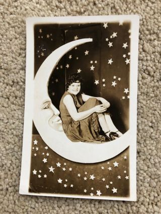Vintage Postcard Rppc - Pretty Woman Sits Legs Up On Paper Moon W/stars Heels Perl