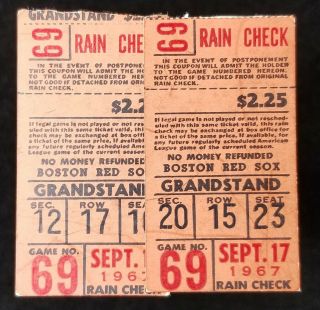 (2) 1967 Boston Red Sox Ticket Stubs Vs Baltimore Orioles Fenway Park Yaz 2 Rbi