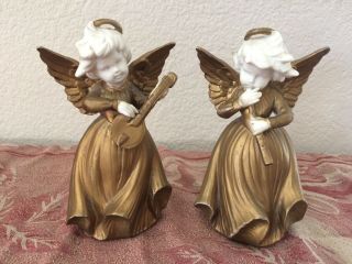 Vintage Christmas Angel Figurines,  Set Of 2 Ceramic Hand Painted W Instruments