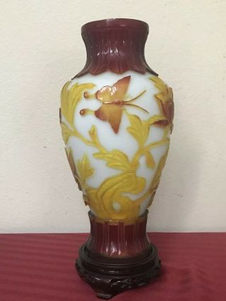 Vintage Chinese Tri - Color Yellow Red Orange Peking Glass Vase Butterfly Flowers