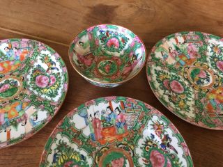 3 Antique Chinese Rose Medallion Porcelain Hand - Painted Plates & Small Bowl Exc
