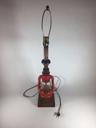 Vintage Ranch Craft Red Lantern Table Lamp Dietz Globe Oak Base Dunning No Shade