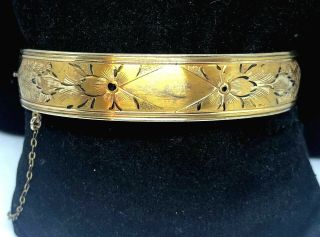 Vintage Signed Gold Filled Hinged Bracelet W/ Safety Chain & Engraved Design