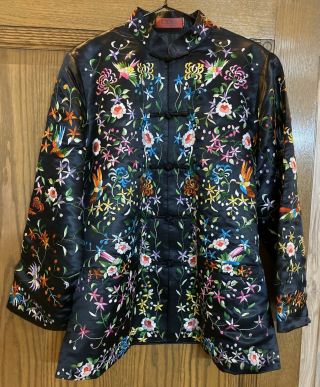 Vintage Chinese Black Silk Floral Hand Embroidered Robe Chest 48 " Long 31 "