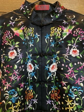 Vintage Chinese Black Silk Floral Hand Embroidered Robe Chest 48 