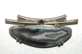 Vintage Sterling Silver 925 Signed Mb Swirled Stone Brooch Pin Blue Gray