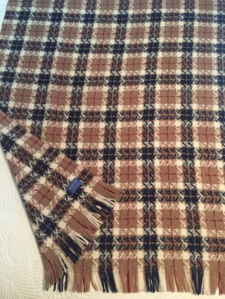 Vintage Pendleton Brown And Blue Plaid Wool Throw Blanket 68x53 Cond