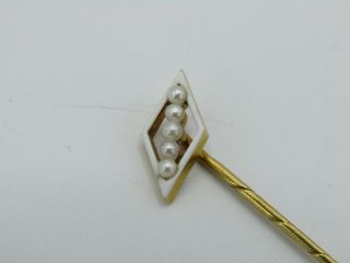 Vintage 14k Yellow Gold Seed Pearl White Enamel Stick Pin 2