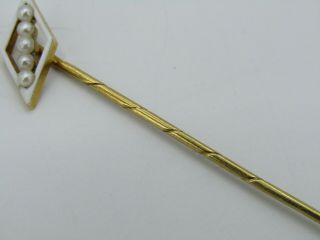 Vintage 14k Yellow Gold Seed Pearl White Enamel Stick Pin 3