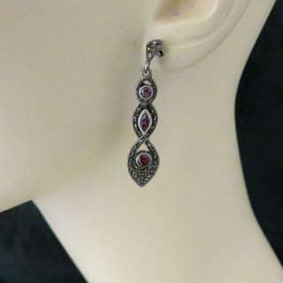 Vintage Sterling Silver Pierced Earrings Garnet Red Marcasites Art Deco 135m