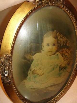 Antique Frame Oval Bubble Glass Frame Baby Photograph Picture Boy Tinted Photo