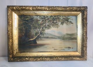 Small Antique Landscape Oil Painting On Board Gold Gilt Floral Frame Lake River