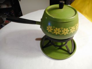 Retro 70s Green Fondue Pot With Lid And Stand.  No Burner.
