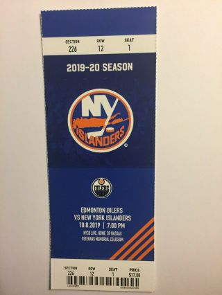 York Islanders Vs Edmonton Oilers October 8,  2019 Ticket Stub