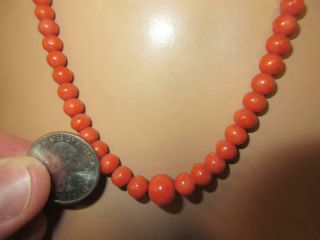 Vtg Antique REAL SALMON RED CORAL Graduated Bead 10k Gold Necklace 21.  5 