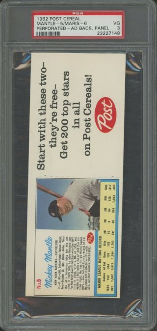 1962 Post Cereal Uncut Panel Mickey Mantle Roger Maris Yankees Ad Back Psa 3