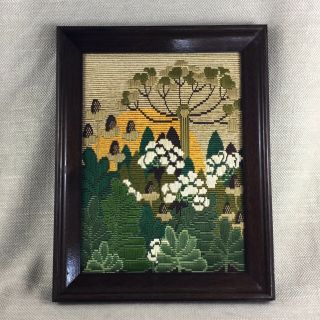Vintage Framed Embroidery Tapestry Wool Work Needlepoint Art Deco Flowers