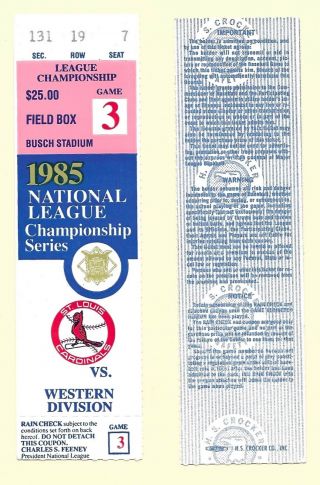 1985 Nlcs Playoff Game 3 Ticket Stub St Louis Cardinals Vs Los Angeles Dodgers