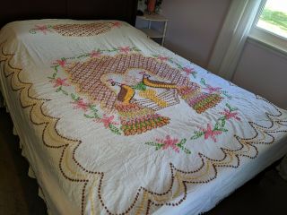 Early Vintage Handmade Chenille Bedspread,  Pretty Peacocks 102 " X 88 " Cutter