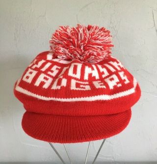 Vintage University Of Wisconsin Badgers Knit Pom Visor Cap Beanie Hat 1970 