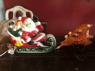 Vintage Christmas Empire Plastic Light Up Santa Claus Sleigh Reindeer Blow Mold