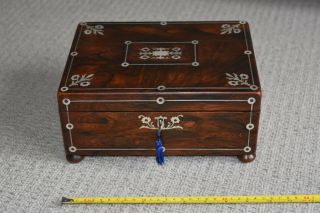 Antique Sewing / Jewellery Box Rosewood With Mother Of Pearl Inserts