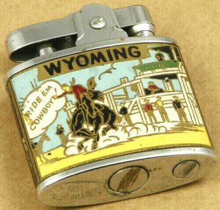 Wyoming State Cowboy Vintage Continental Enamel Petrol Lighter Japan