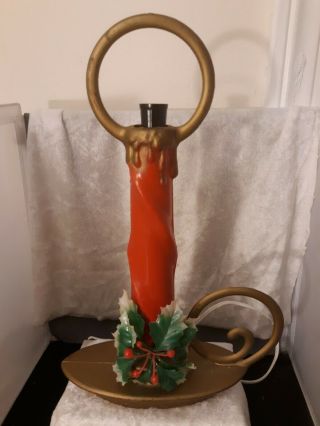 Vtg Christmas Holly Gold Red Plastic Blow Mold Tabletop Electric Candle Novelty