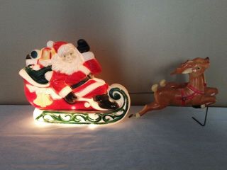 Vintage 1970 Empire Plastic Santa Claus Sleigh Reindeer Blow Mold Christmas
