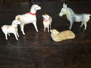 Putz Antique Wooly Sheep Stick Leg Christmas Nativity Vintage Germany & Bonus