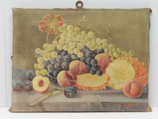 Victorian 19th C Oil On Canvas Fruit Still Life Signed J Lubker Antique Vtg