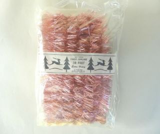 Nos Vintage Pink Metal Tinsel Garland For Christmas Trees In Package 18 Feet