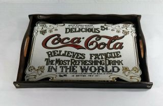 Vintage Coca - Cola Relieves Fatigue Advertising Mirror Wooden Tray With Handles