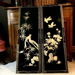 Vintage Asian Wood Black Laquer Mother Of Pearl Appliqué Overlay Wall Panels