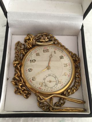 Vintage 1930’s Gold Filled Swiss Mechanical Move Men’s Pocket Watch With Chain