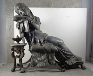 Large Antique Victorian Cast Metal Spelter Woman Clock Topper Setting & Daydream