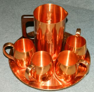 Vintage West Bend Aluminum 6 Piece Solid Copper Set 4 Mule Mugs Pitcher & Tray