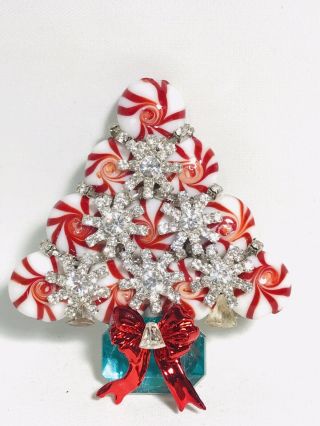 Peppermint Candy Glass & Vintage Rhinestone Christmas Tree Pin Brooch Laheir